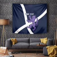 Custom Scotland rugby tapestry on wall: navy with white diagonal saltire, purple lion, 'YOUR TEXT'.