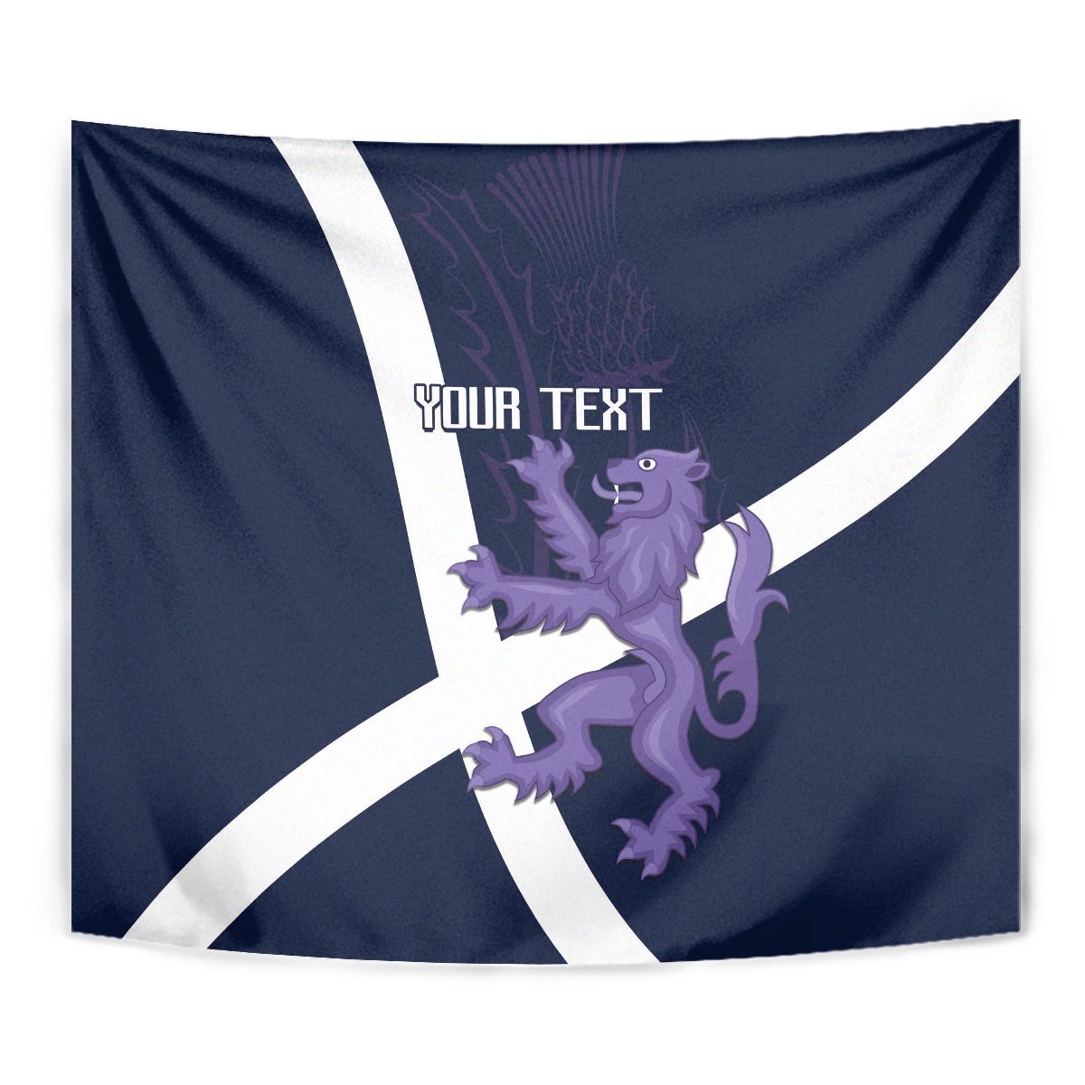 Custom Scotland rugby tapestry close-up: navy saltire with purple lion and 'YOUR TEXT' lettering.