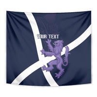 Custom Scotland rugby tapestry close-up: navy saltire with purple lion and 'YOUR TEXT' lettering.
