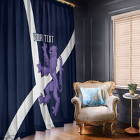 Navy window curtain with white diagonal stripe and purple lion-and-thistle graphic, 'YOUR TEXT'.
