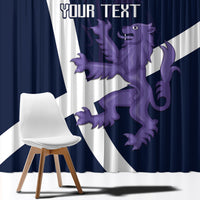 Navy curtain panel with white diagonal stripe and large purple lion-and-thistle art, 'YOUR TEXT'.