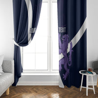 Navy window curtain with white diagonal stripe and purple lion-and-thistle graphic, 'YOUR TEXT'.