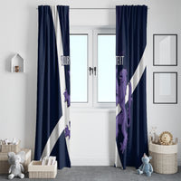 Two navy window curtains with white diagonal stripe and purple lion-and-thistle image, 'YOUR TEXT'.