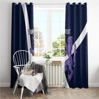 Navy curtains with white diagonal stripe and purple lion-and-thistle print, 'YOUR TEXT' on left panel.