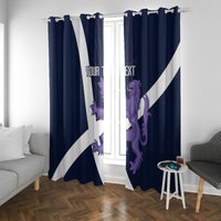 Pair of navy window curtains with white diagonal stripe and purple lion-and-thistle art, 'YOUR TEXT'.