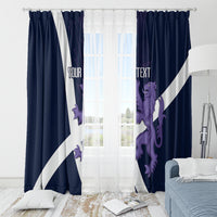 Navy window curtains with white diagonal stripe and purple lion-and-thistle graphic, 'YOUR TEXT'.