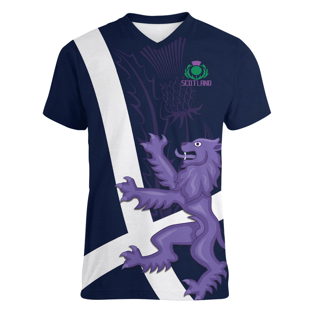 Custom Scotland Rugby Women V Neck T Shirt Scottish Lion and Thistle