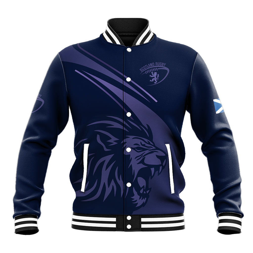 Navy unisex baseball varsity jacket with lion graphic, snap front, striped collar and cuffs