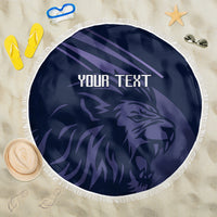 Navy round beach blanket with fringed edge, lion graphic and 'YOUR TEXT' print