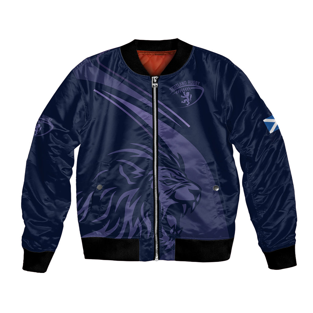 Navy bomber jacket with full-zip front and lion graphic crest on chest