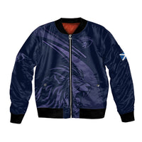 Navy bomber jacket with full-zip front and lion graphic crest on chest