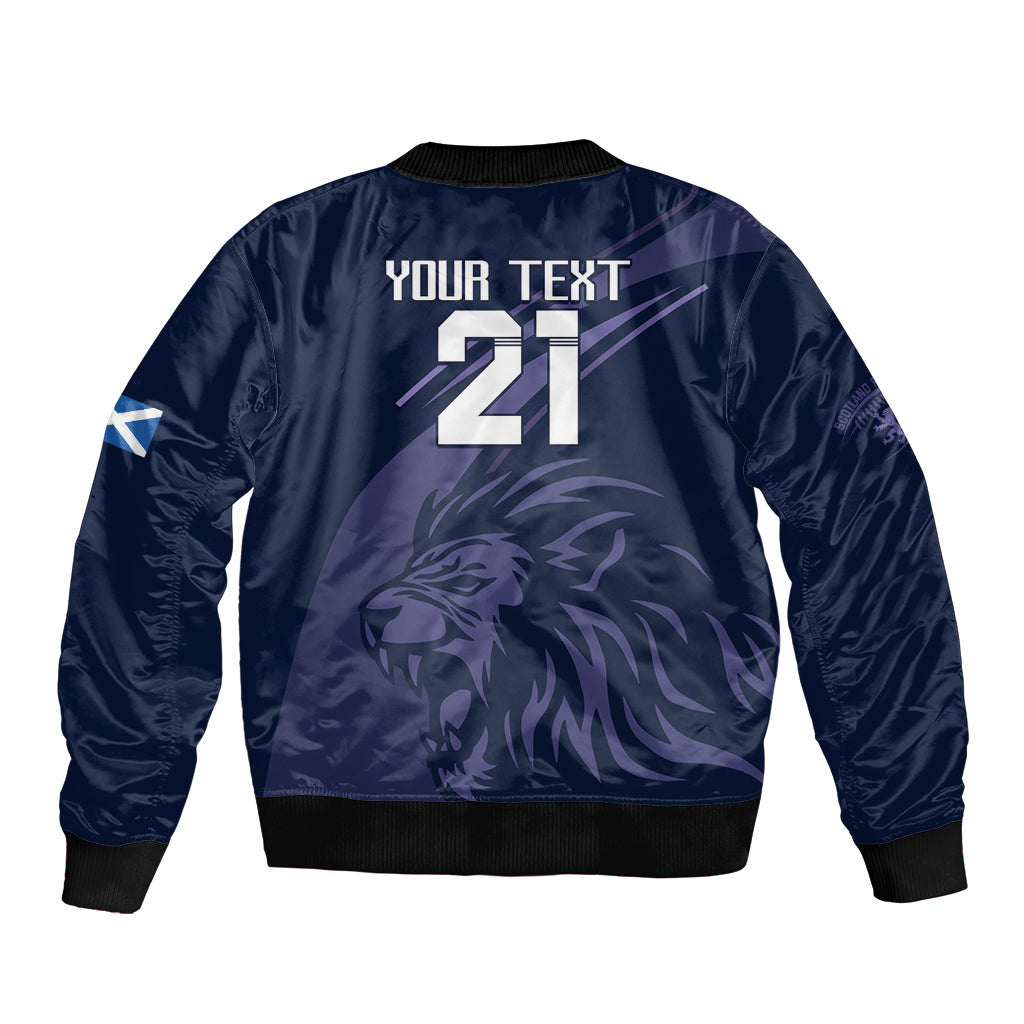Navy bomber jacket back with large lion graphic and 'YOUR TEXT 21' print