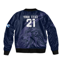 Navy bomber jacket back with large lion graphic and 'YOUR TEXT 21' print