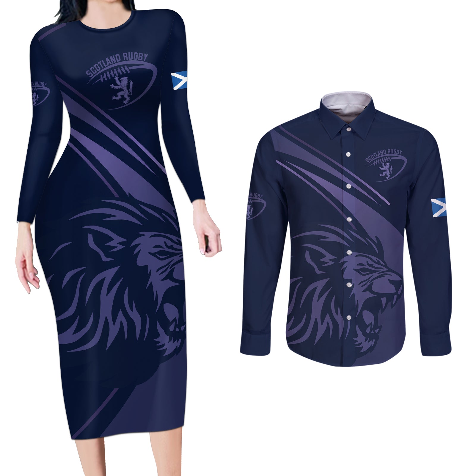 Custom Scotland Rugby Couples Matching Long Sleeve Bodycon Dress and Long Sleeve Button Shirt Scottish Lion Sporty Style LT9 - Wonder Print Shop