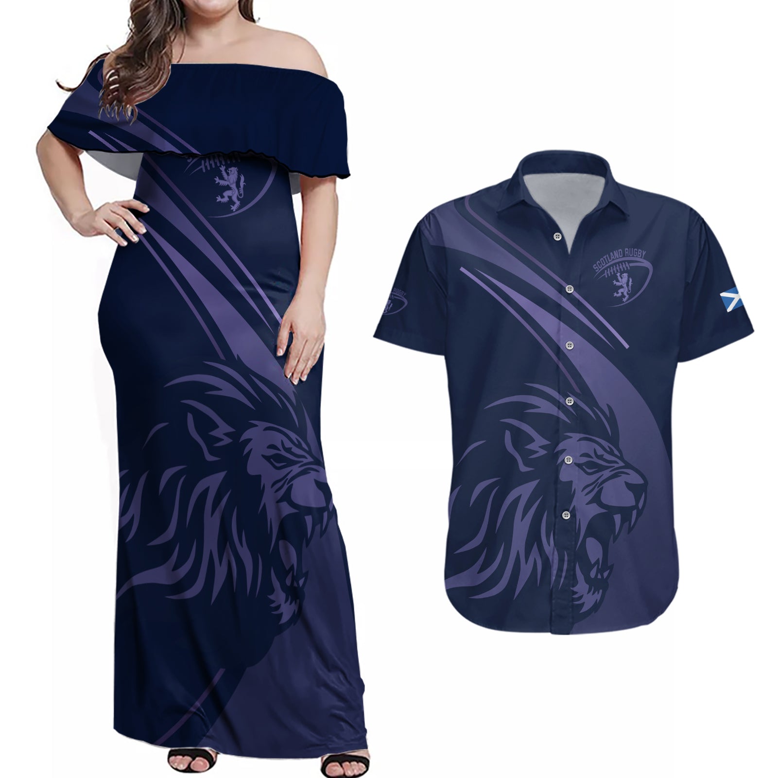 Custom Scotland Rugby Couples Matching Off Shoulder Maxi Dress and Hawaiian Shirt Scottish Lion Sporty Style LT9 - Wonder Print Shop