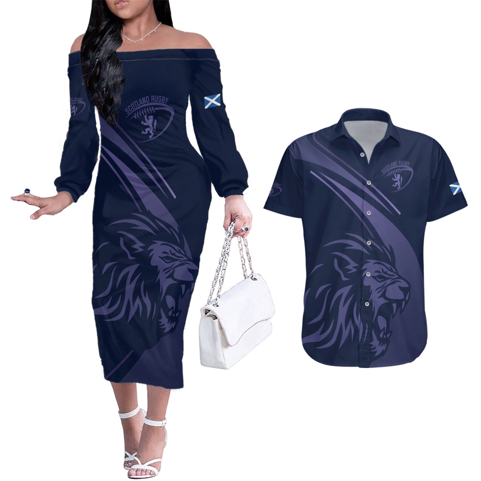 Custom Scotland Rugby Couples Matching Off The Shoulder Long Sleeve Dress and Hawaiian Shirt Scottish Lion Sporty Style LT9 - Wonder Print Shop