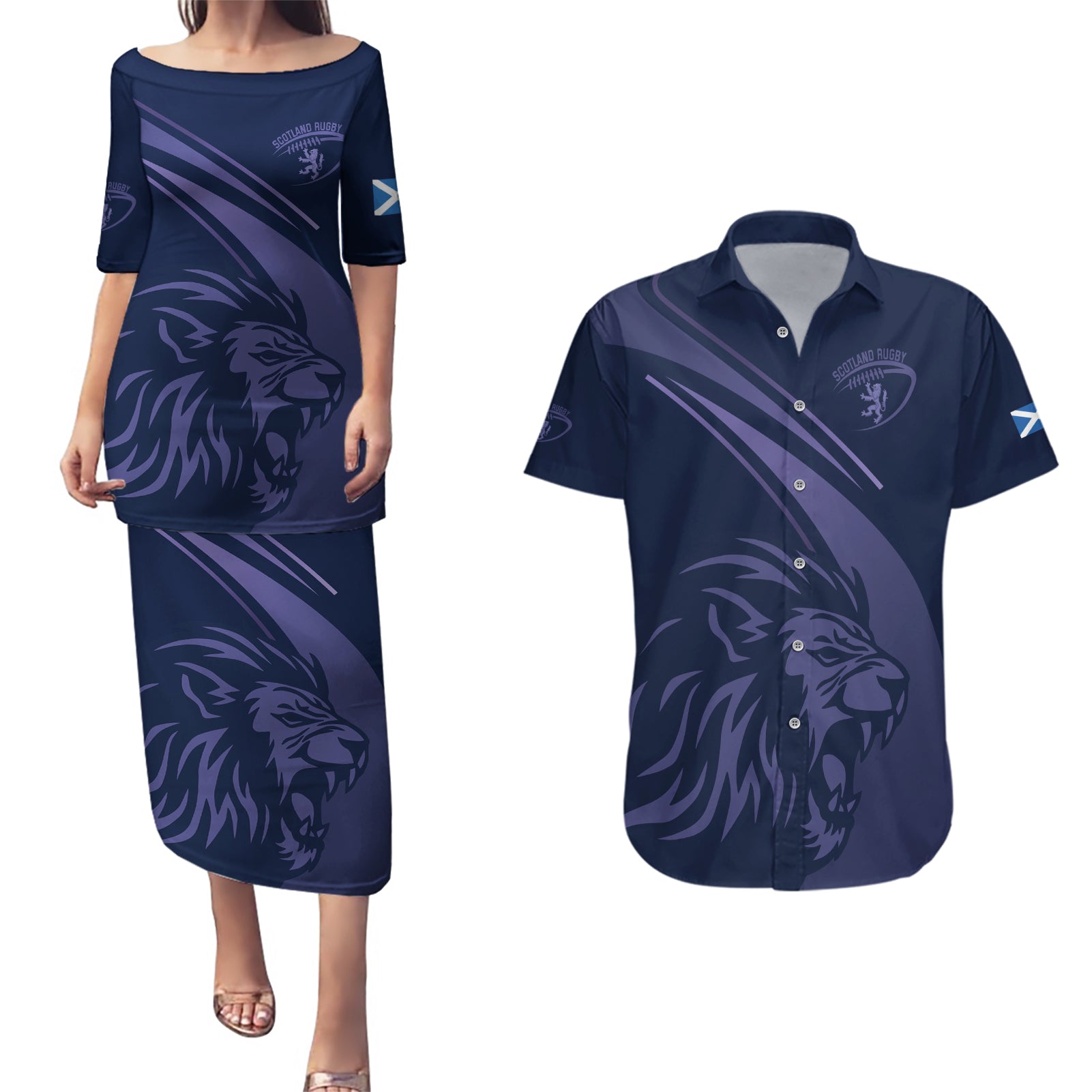 Custom Scotland Rugby Couples Matching Puletasi and Hawaiian Shirt Scottish Lion Sporty Style LT9 - Wonder Print Shop