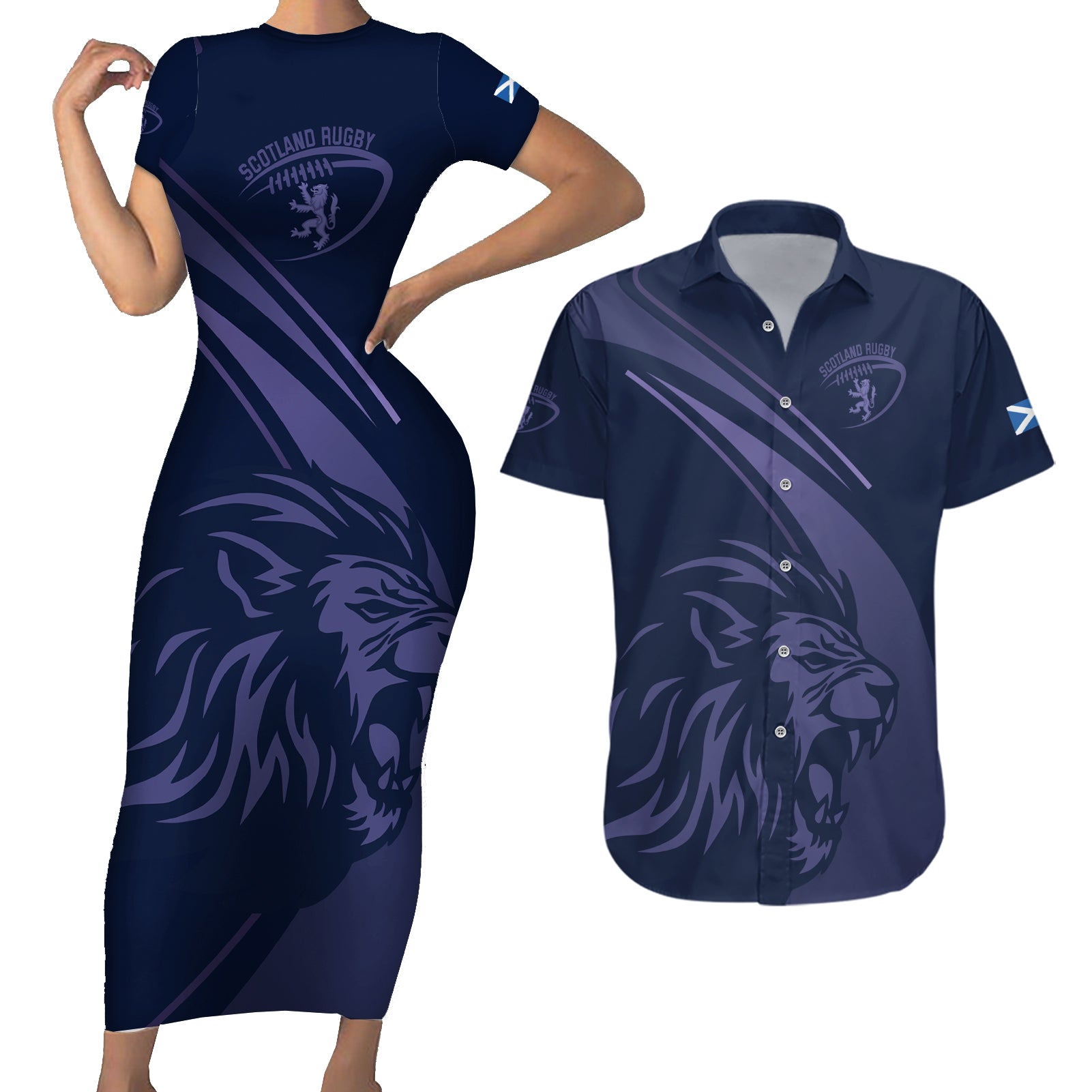 Custom Scotland Rugby Couples Matching Short Sleeve Bodycon Dress and Hawaiian Shirt Scottish Lion Sporty Style LT9 - Wonder Print Shop