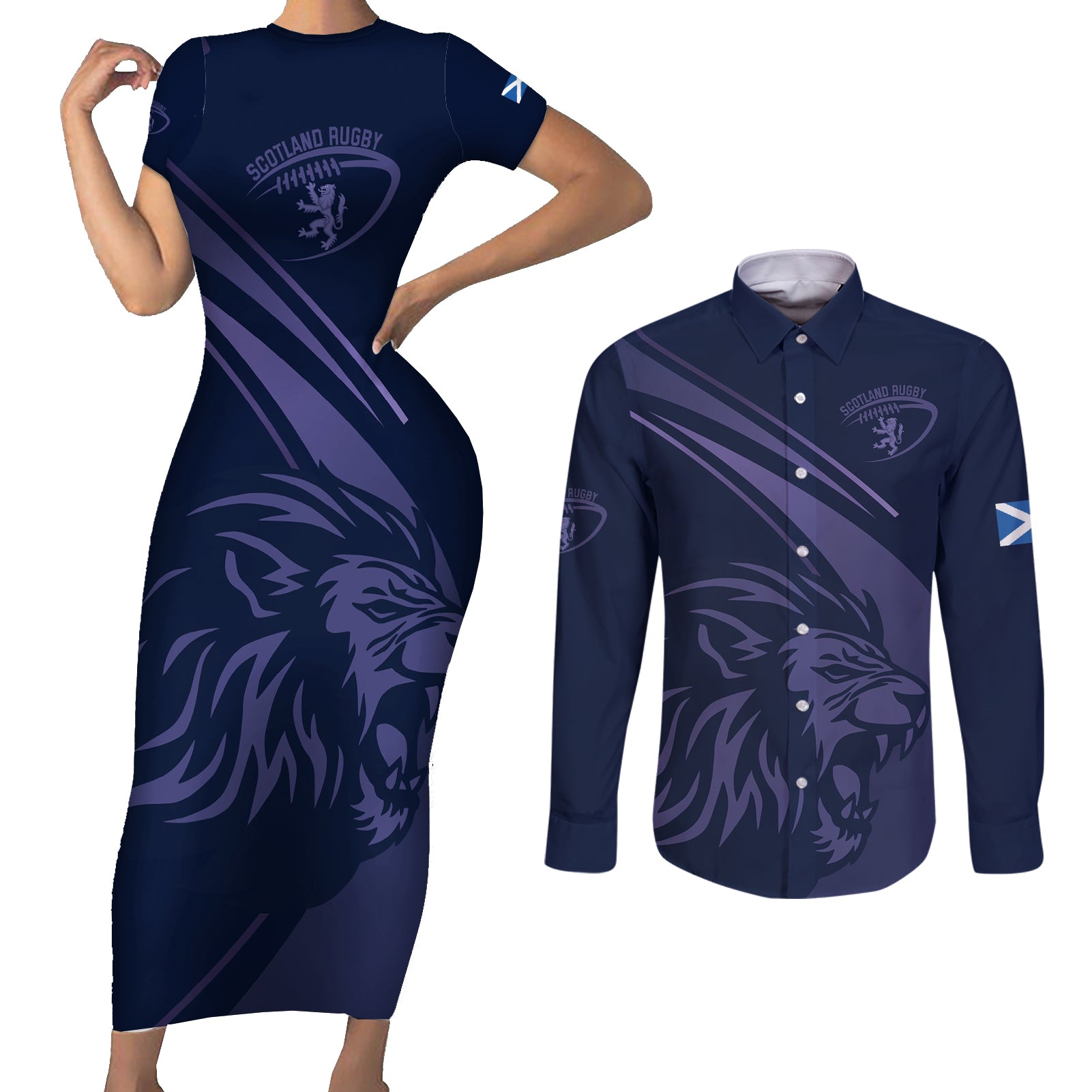 Custom Scotland Rugby Couples Matching Short Sleeve Bodycon Dress and Long Sleeve Button Shirt Scottish Lion Sporty Style LT9 - Wonder Print Shop