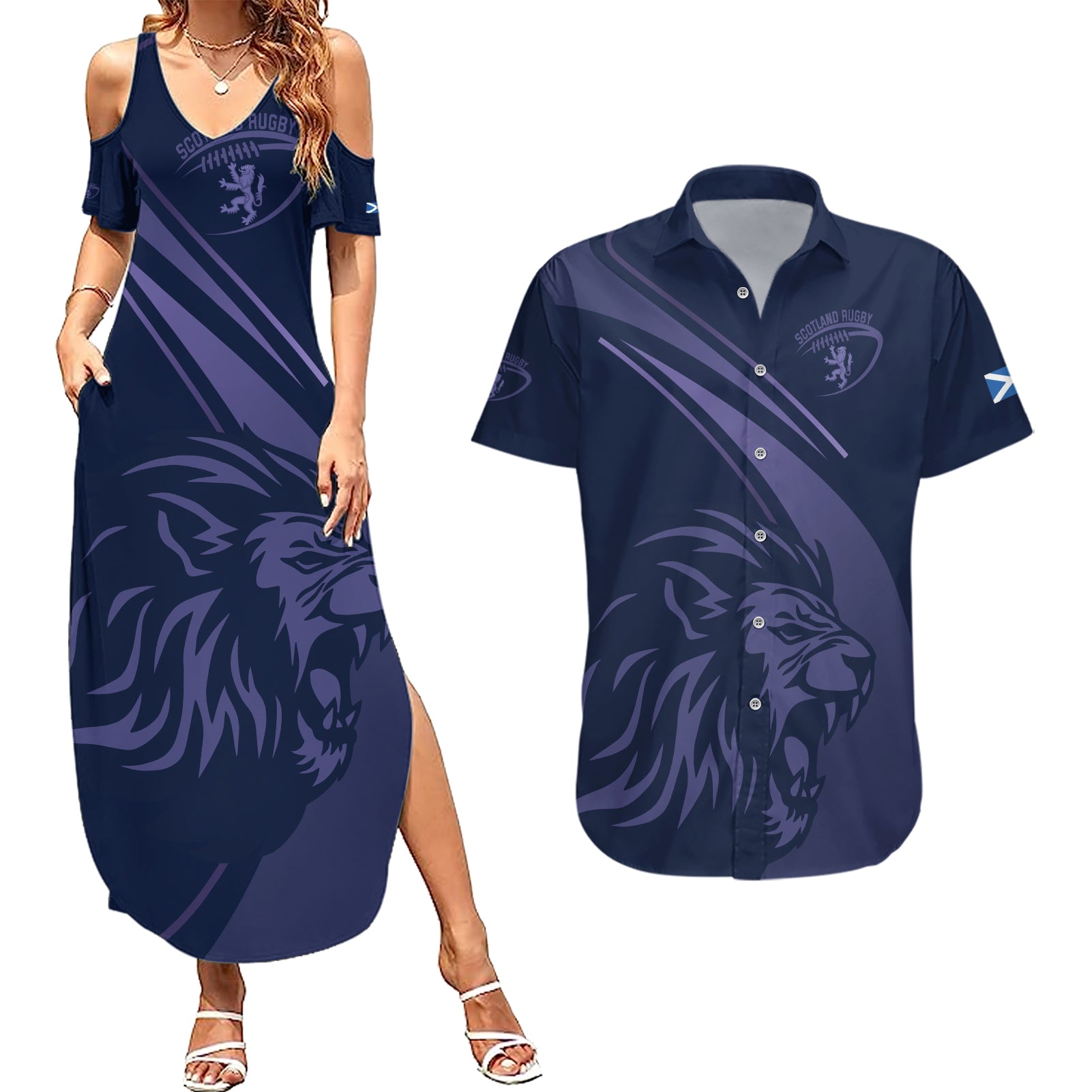 Custom Scotland Rugby Couples Matching Summer Maxi Dress and Hawaiian Shirt Scottish Lion Sporty Style LT9 - Wonder Print Shop