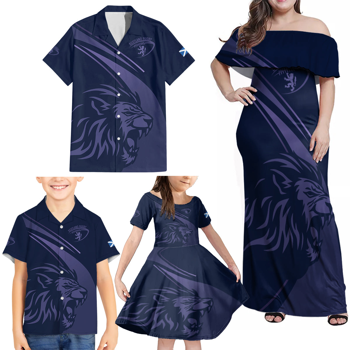 Custom Scotland Rugby Family Matching Off Shoulder Maxi Dress and Hawaiian Shirt Scottish Lion Sporty Style LT9 - Wonder Print Shop