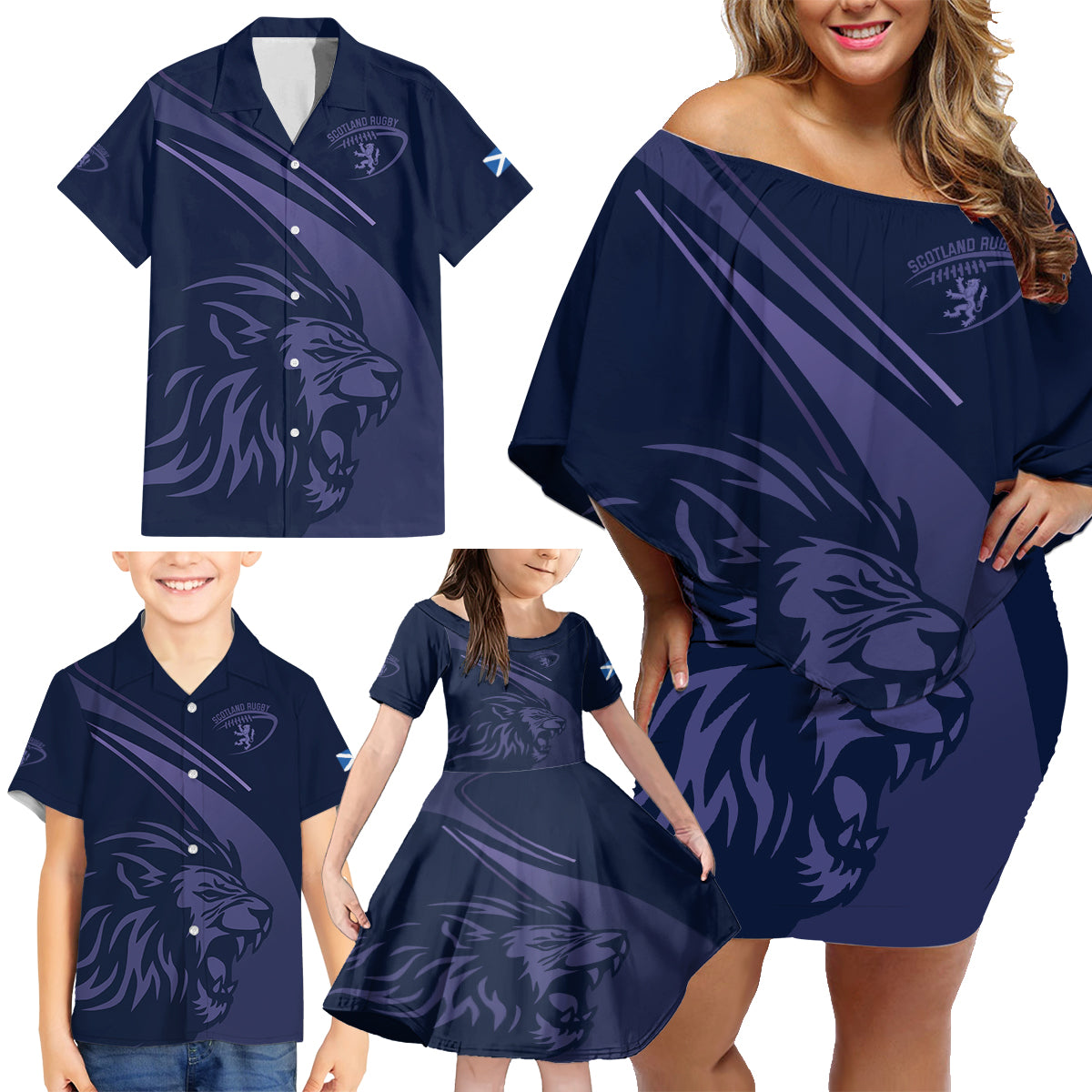 Custom Scotland Rugby Family Matching Off Shoulder Short Dress and Hawaiian Shirt Scottish Lion Sporty Style LT9 - Wonder Print Shop