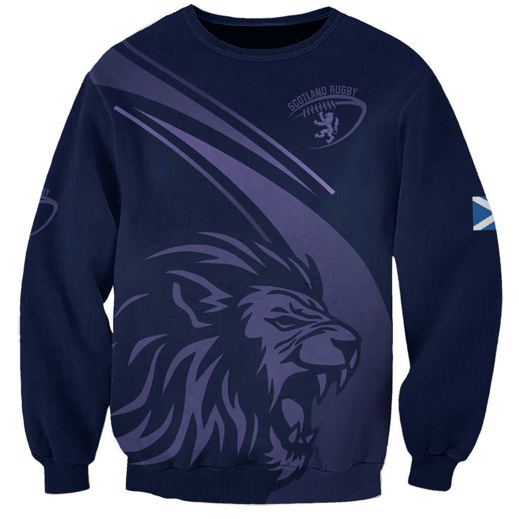 Navy crewneck rugby sweatshirt with lion head graphic and Scottish rugby emblem