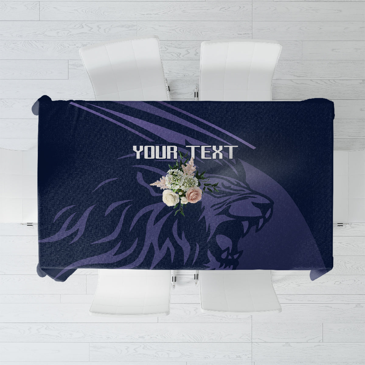 Navy tablecloth with floral emblem and purple sport graphic, centered “YOUR TEXT”