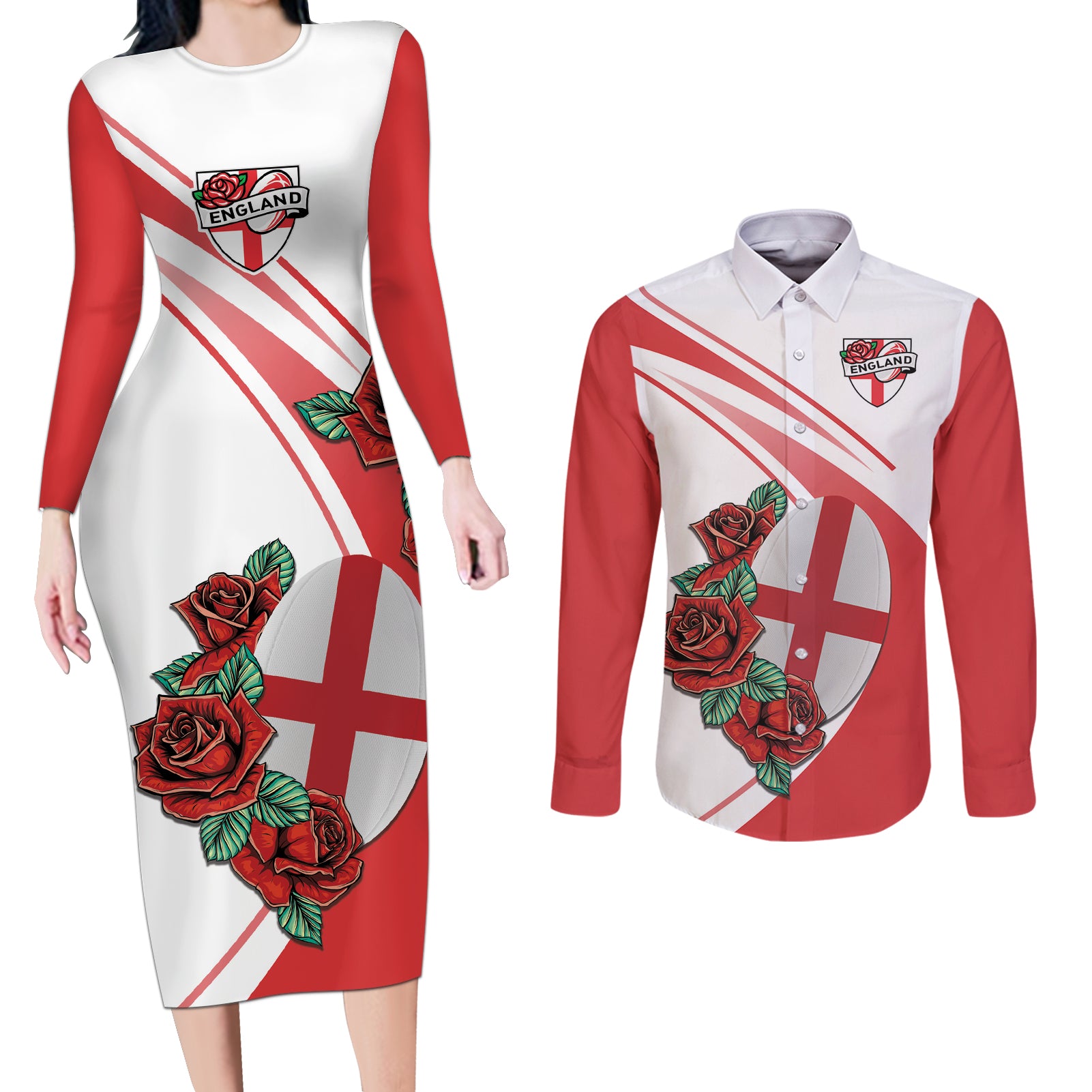 Custom England Rugby Couples Matching Long Sleeve Bodycon Dress and Long Sleeve Button Shirt Red Rose Sporty Style LT9 - Wonder Print Shop