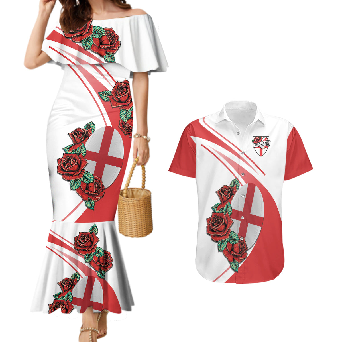 Custom England Rugby Couples Matching Mermaid Dress and Hawaiian Shirt Red Rose Sporty Style LT9 - Wonder Print Shop