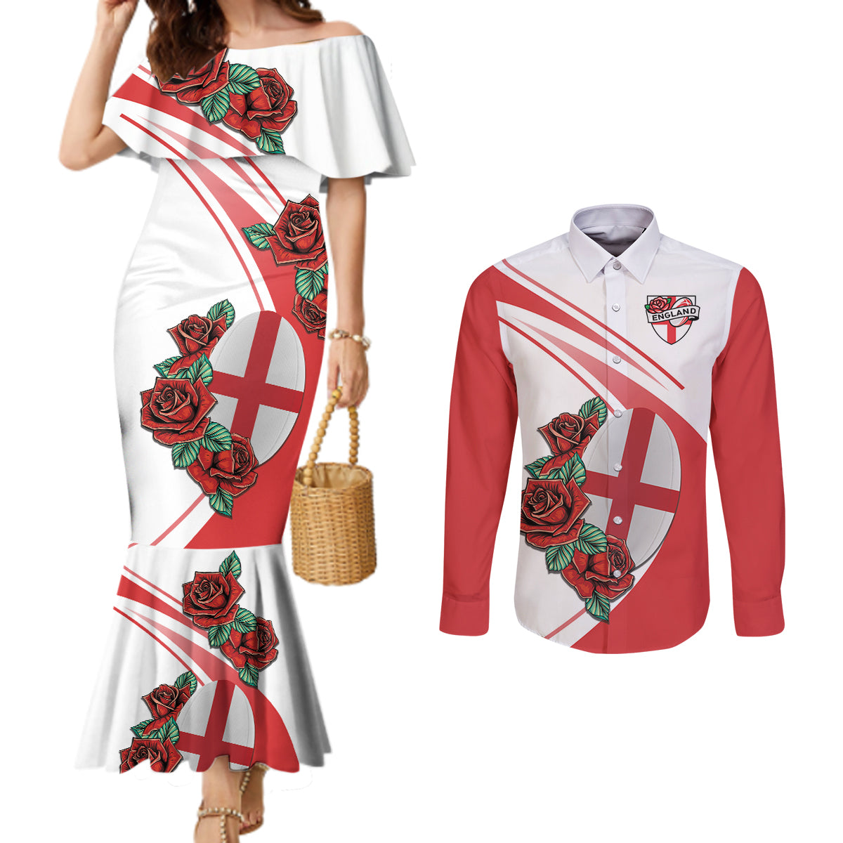 Custom England Rugby Couples Matching Mermaid Dress and Long Sleeve Button Shirt Red Rose Sporty Style