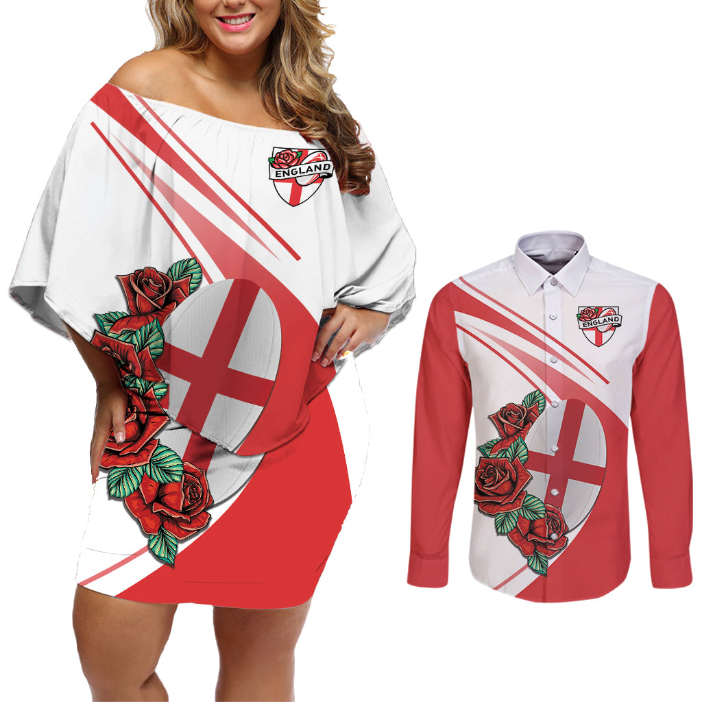 Custom England Rugby Couples Matching Off Shoulder Short Dress and Long Sleeve Button Shirt Red Rose Sporty Style LT9 - Wonder Print Shop