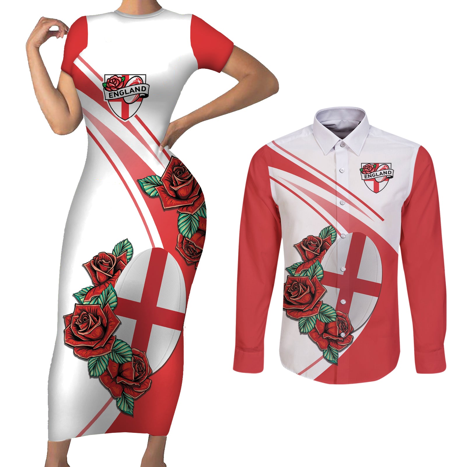 Custom England Rugby Couples Matching Short Sleeve Bodycon Dress and Long Sleeve Button Shirt Red Rose Sporty Style LT9 - Wonder Print Shop