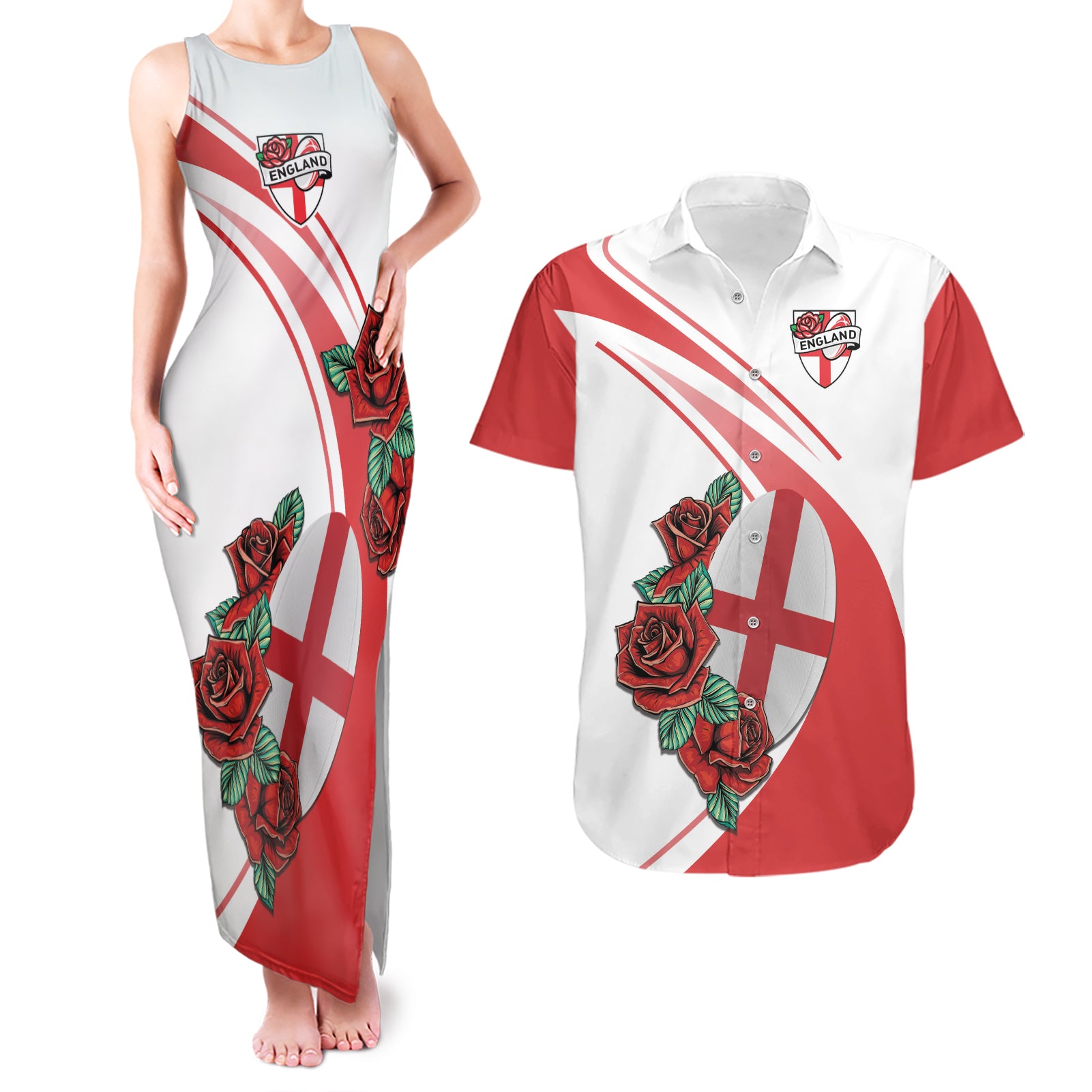 Custom England Rugby Couples Matching Tank Maxi Dress and Hawaiian Shirt Red Rose Sporty Style LT9 - Wonder Print Shop