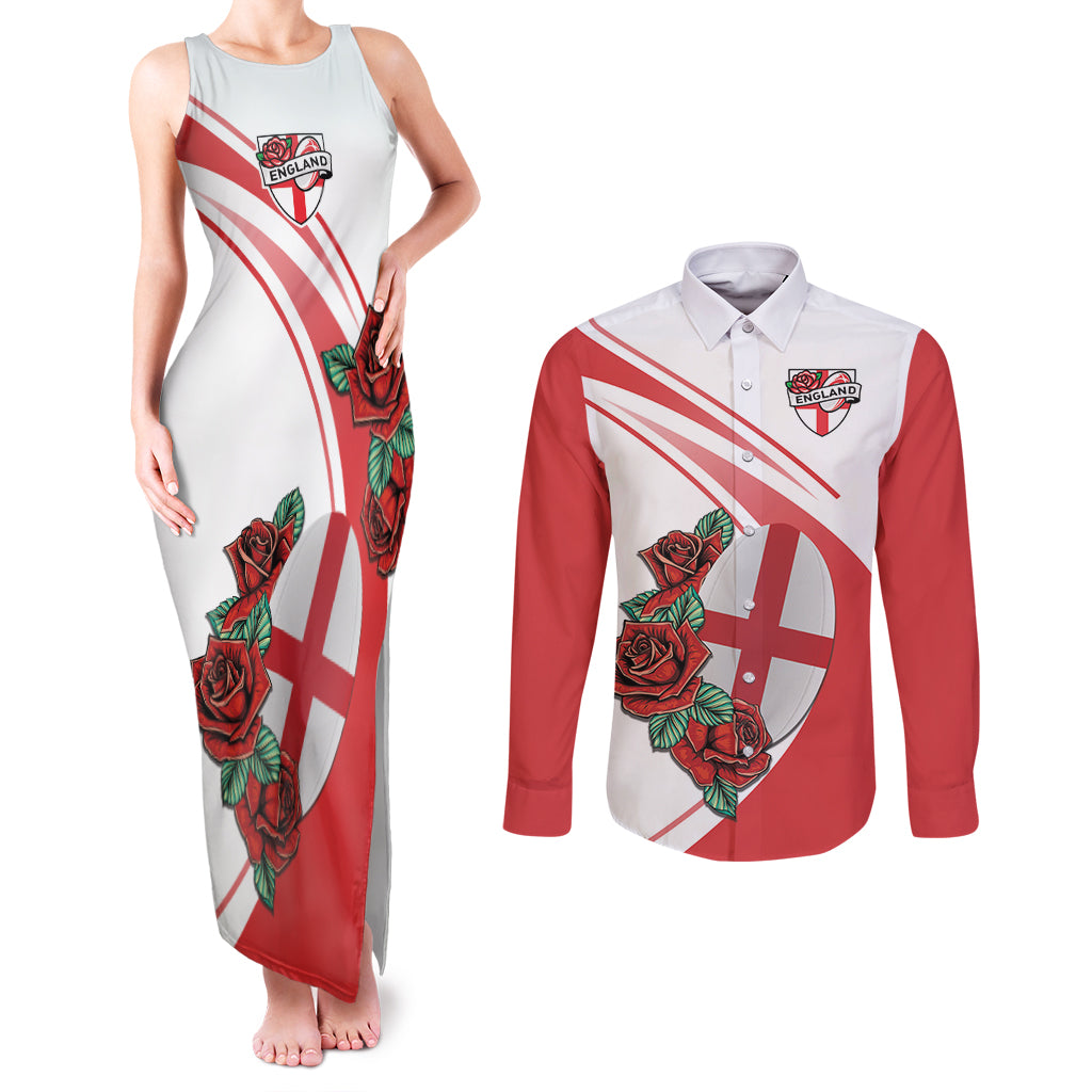 Custom England Rugby Couples Matching Tank Maxi Dress and Long Sleeve Button Shirt Red Rose Sporty Style LT9 - Wonder Print Shop