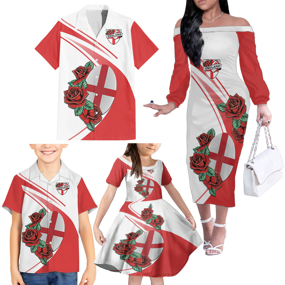 Custom England Rugby Family Matching Off Shoulder Long Sleeve Dress and Hawaiian Shirt Red Rose Sporty Style - Wonder Print Shop