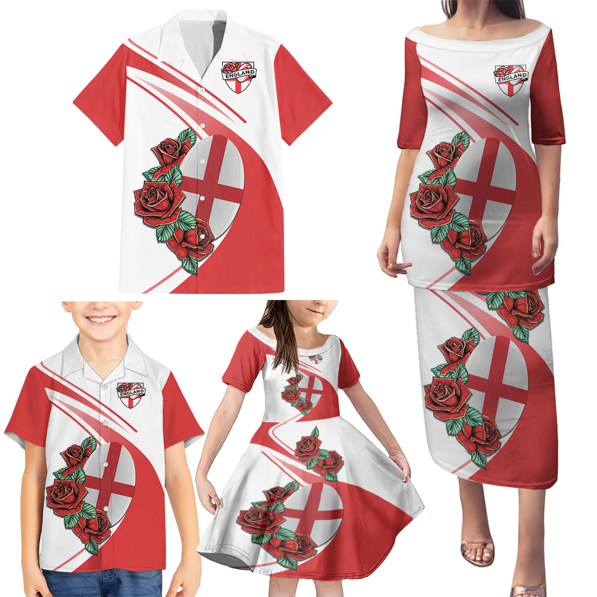 Custom England Rugby Family Matching Puletasi and Hawaiian Shirt Red Rose Sporty Style - Wonder Print Shop