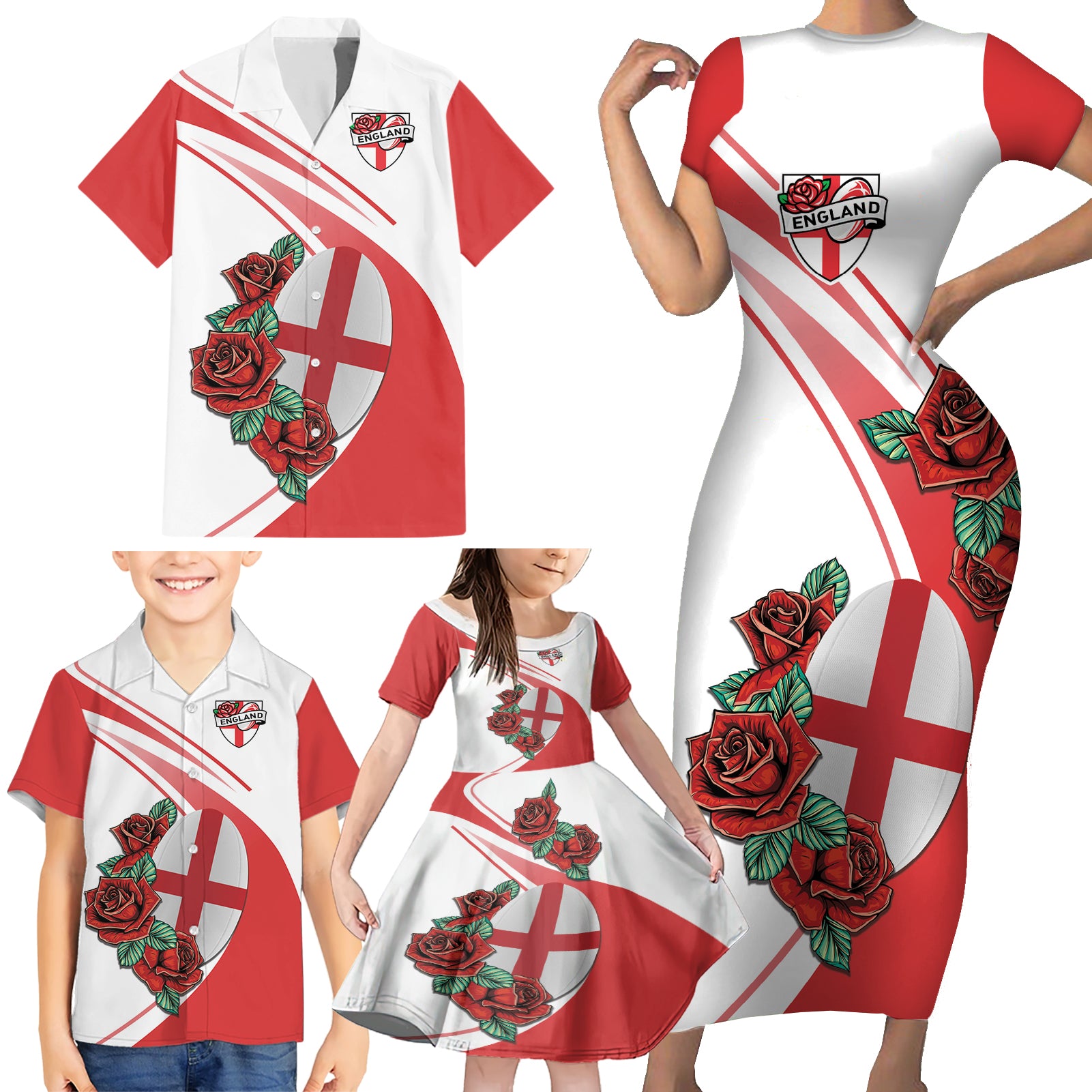 Custom England Rugby Family Matching Short Sleeve Bodycon Dress and Hawaiian Shirt Red Rose Sporty Style - Wonder Print Shop