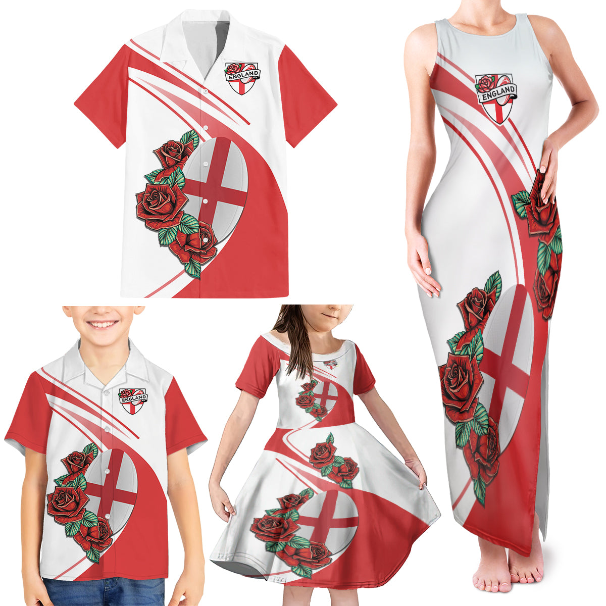 Custom England Rugby Family Matching Tank Maxi Dress and Hawaiian Shirt Red Rose Sporty Style - Wonder Print Shop