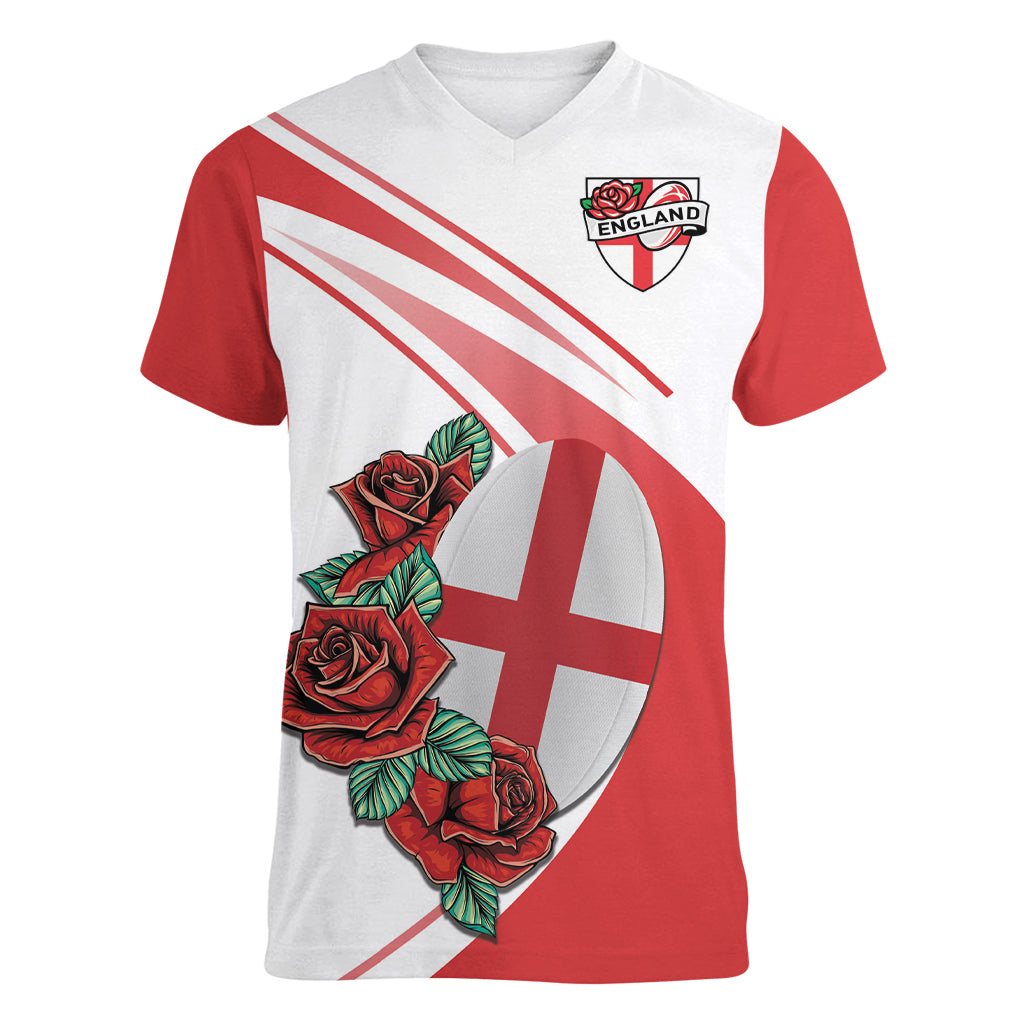 Custom England Rugby Women V Neck T Shirt Red Rose Sporty Style