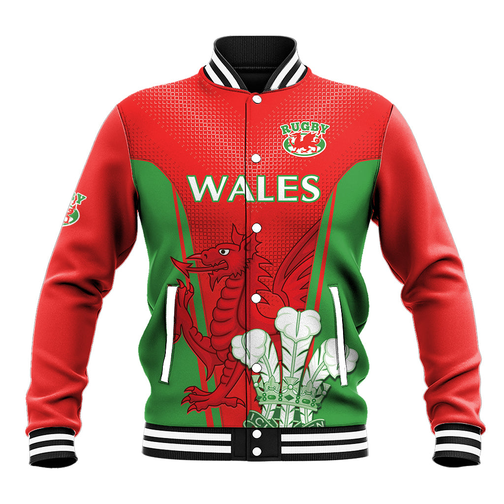 Red & green Wales baseball jacket with dragon crest, snap buttons, striped collar