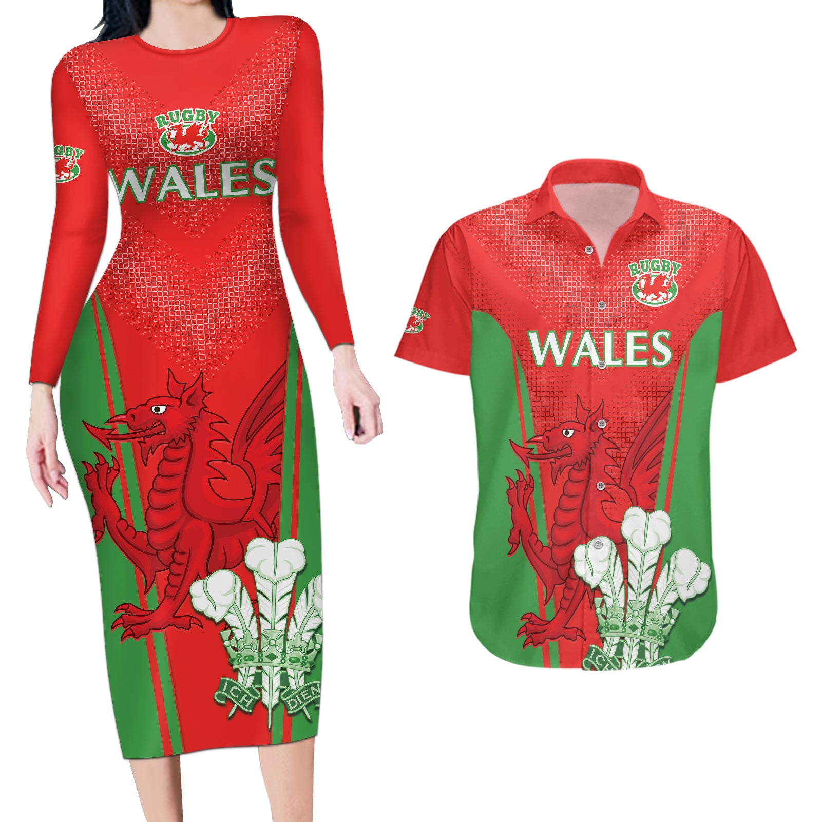 Custom Wales Rugby Couples Matching Long Sleeve Bodycon Dress and Hawaiian Shirt With Prince of Waless Feathers Go Cymru LT9 - Wonder Print Shop