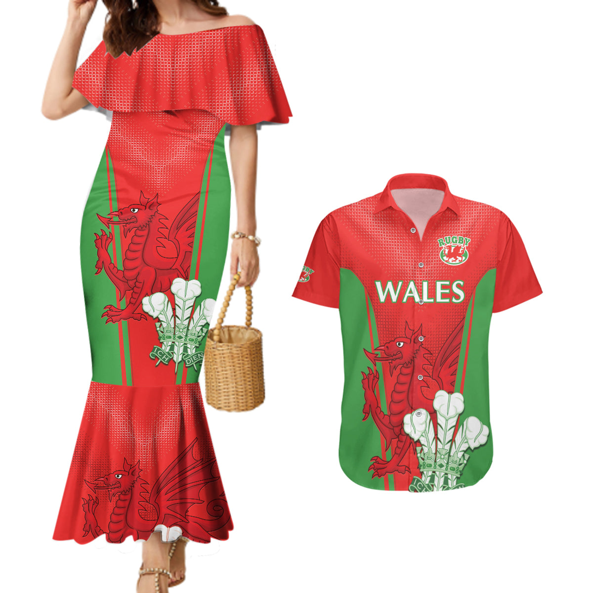 Custom Wales Rugby Couples Matching Mermaid Dress and Hawaiian Shirt With Prince of Waless Feathers Go Cymru LT9 - Wonder Print Shop