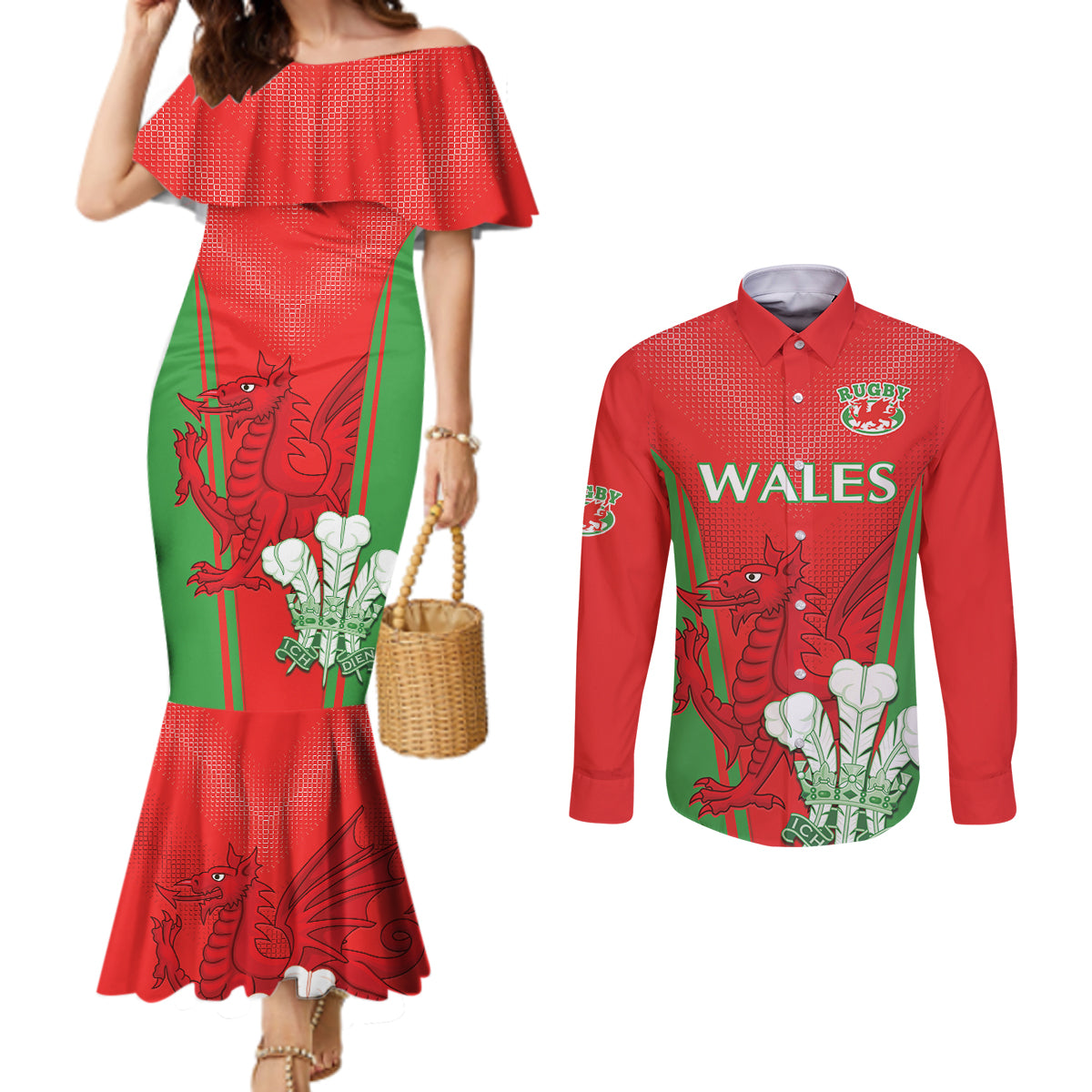 Custom Wales Rugby Couples Matching Mermaid Dress and Long Sleeve Button Shirt With Prince of Waless Feathers Go Cymru