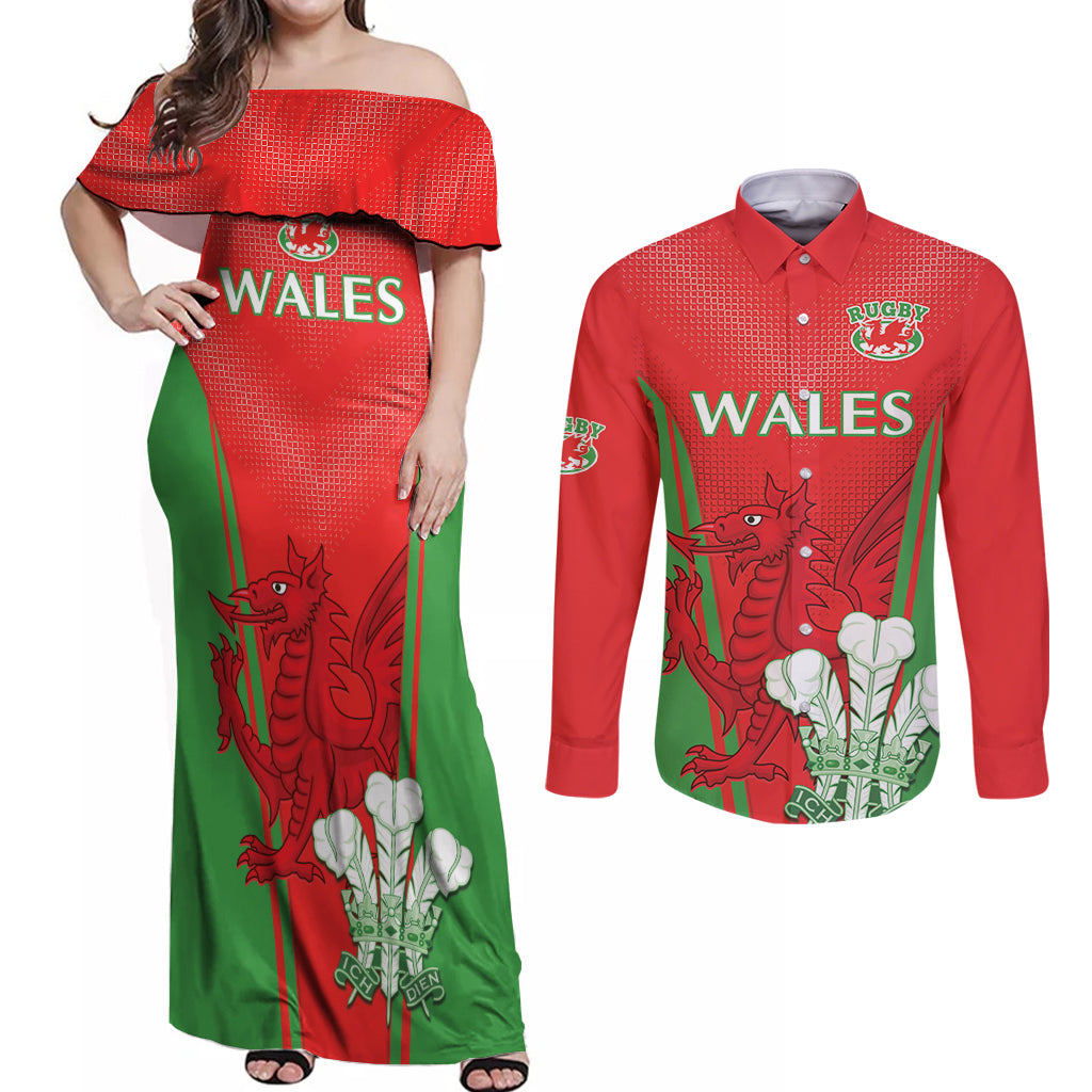 Custom Wales Rugby Couples Matching Off Shoulder Maxi Dress and Long Sleeve Button Shirt With Prince of Waless Feathers Go Cymru LT9 - Wonder Print Shop