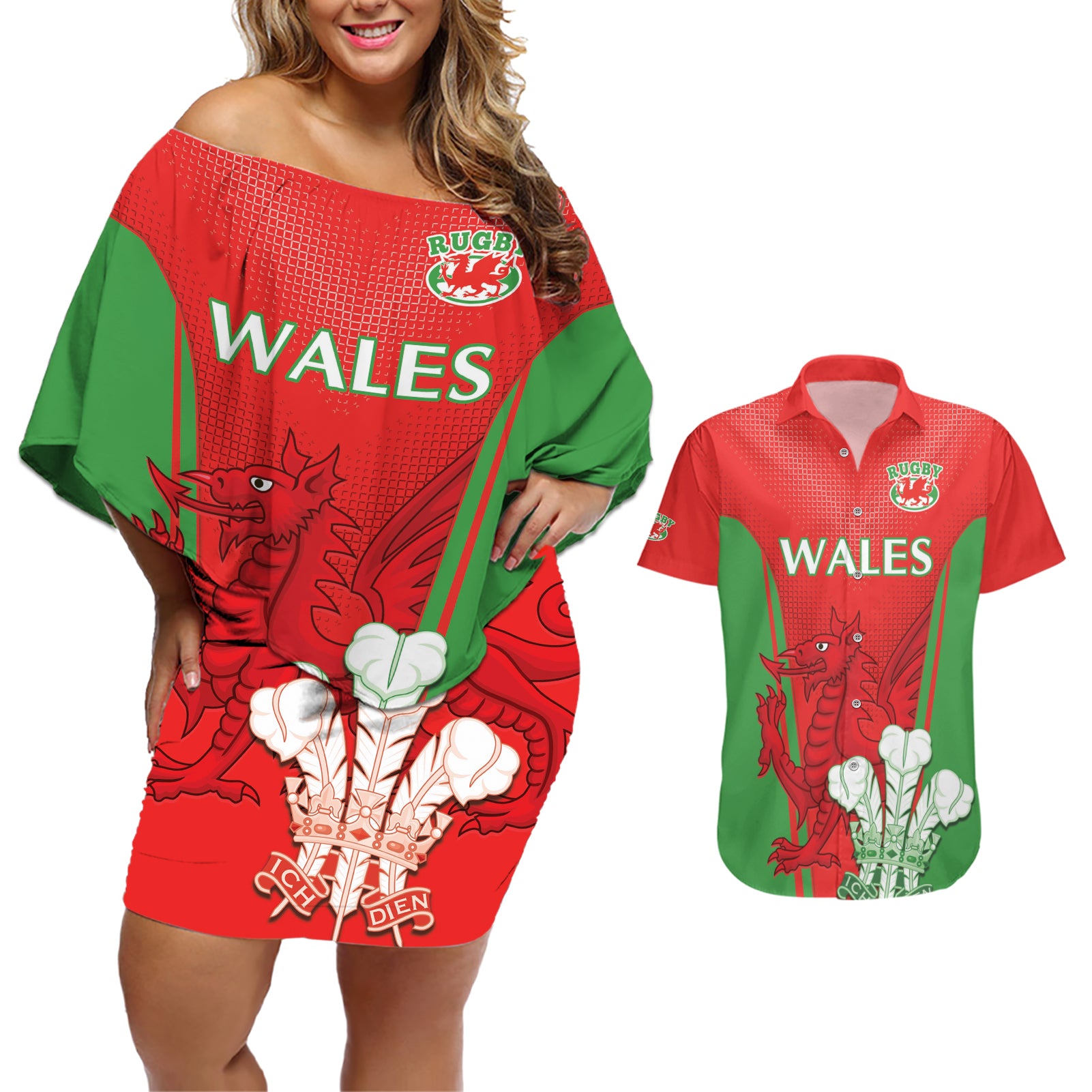 Custom Wales Rugby Couples Matching Off Shoulder Short Dress and Hawaiian Shirt With Prince of Waless Feathers Go Cymru LT9 - Wonder Print Shop