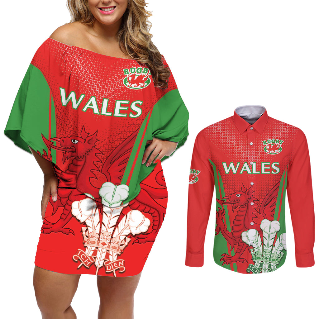 Custom Wales Rugby Couples Matching Off Shoulder Short Dress and Long Sleeve Button Shirt With Prince of Waless Feathers Go Cymru LT9 - Wonder Print Shop