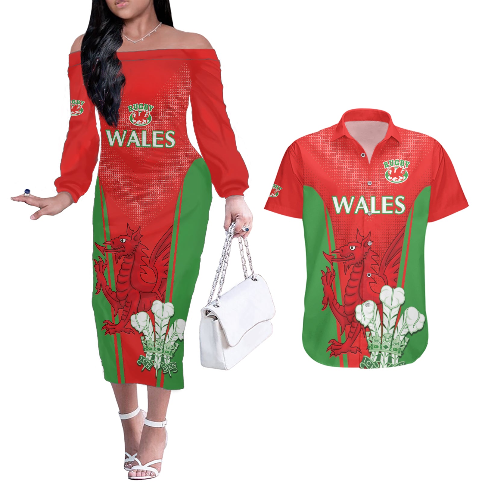 Custom Wales Rugby Couples Matching Off The Shoulder Long Sleeve Dress and Hawaiian Shirt With Prince of Waless Feathers Go Cymru LT9 - Wonder Print Shop