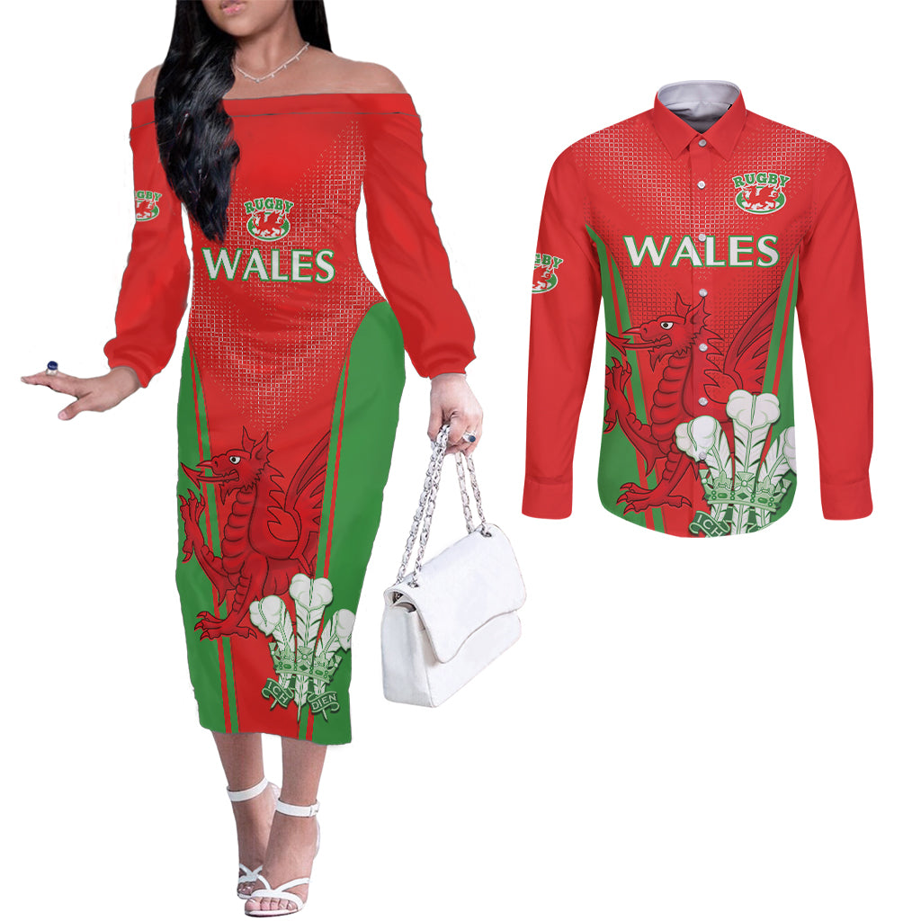 Custom Wales Rugby Couples Matching Off The Shoulder Long Sleeve Dress and Long Sleeve Button Shirt With Prince of Waless Feathers Go Cymru