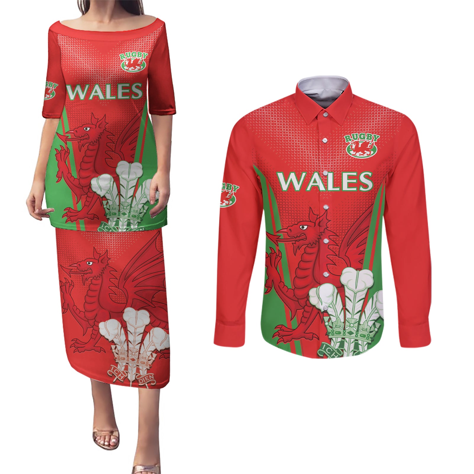 Custom Wales Rugby Couples Matching Puletasi and Long Sleeve Button Shirt With Prince of Waless Feathers Go Cymru LT9 - Wonder Print Shop